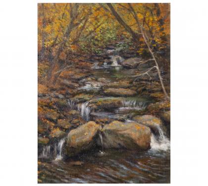 Oil on Panel Entitled "Little Falls At The Wissahickon" by Michael Stuart Traines