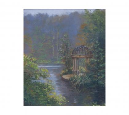 Oil on Canvas Entitled "Early Morning at the Gazebo - Longwood" by Michael Stuart Traines