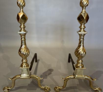Very Rare Pair of Paul Revere Type Brass Andirons