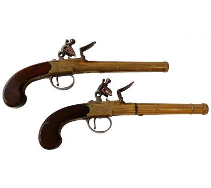 Pair of English Queen Anne Brass Pistols