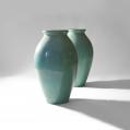 Pair of Galloway Glazed Urns with Excellent Verdigris Patina (SOLD)